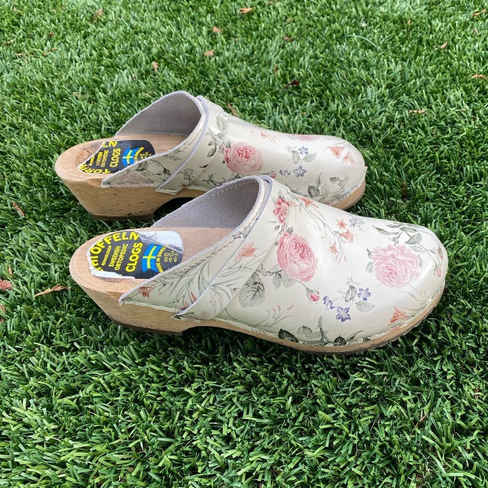 Vtg Swedish Torpatoffeln White Floral Clogs 7 38 Womens Cottagecore Fairy Cute